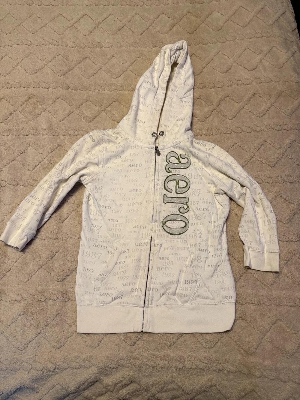 Aeropostale Vintage 3/4 Sleeve White Hoodie Jacket Size Medium